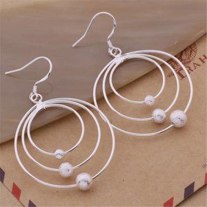 Gorgeous 3 Circles with Beads Hanging Earrings, Sterling Silver "Hypoallergenic"